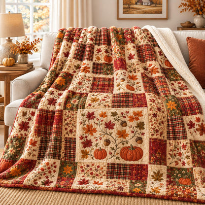Autumn Maple Leaves & Pumpkin Patchwork Sherpa Blanket TP77SPBLK