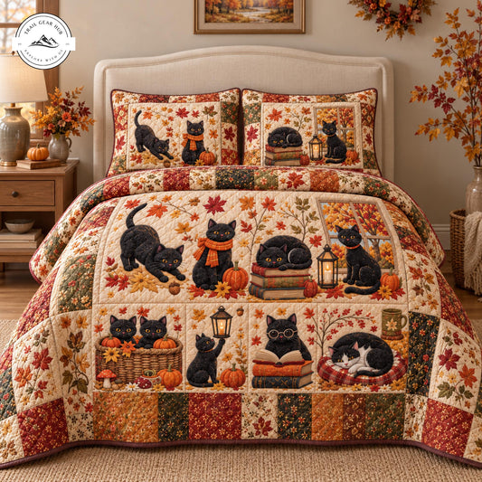 Black Cats Autumn Leaves Quilted Bedding Set TP112