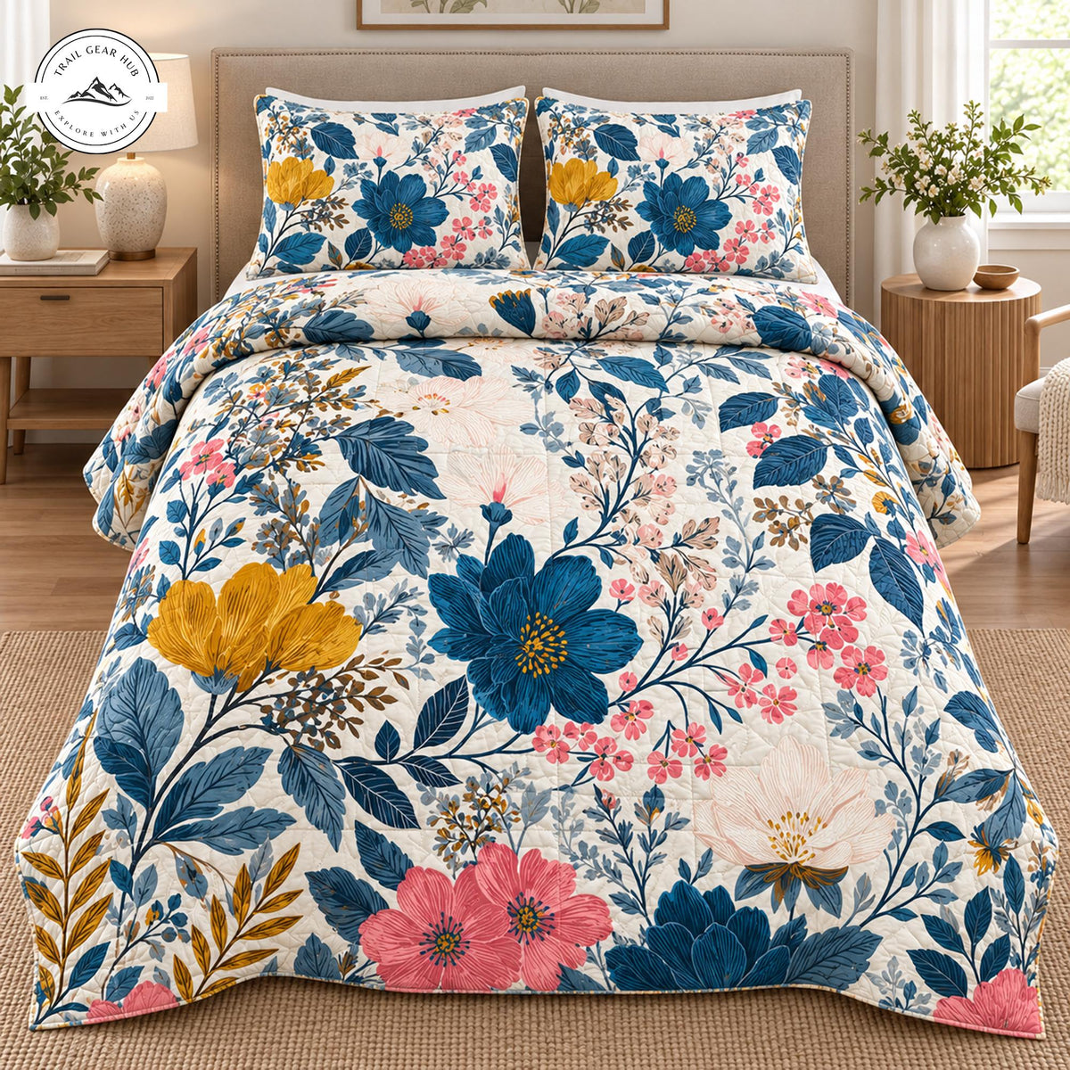 Blue & Pink Floral Botanical Quilted Bedding Set TP120