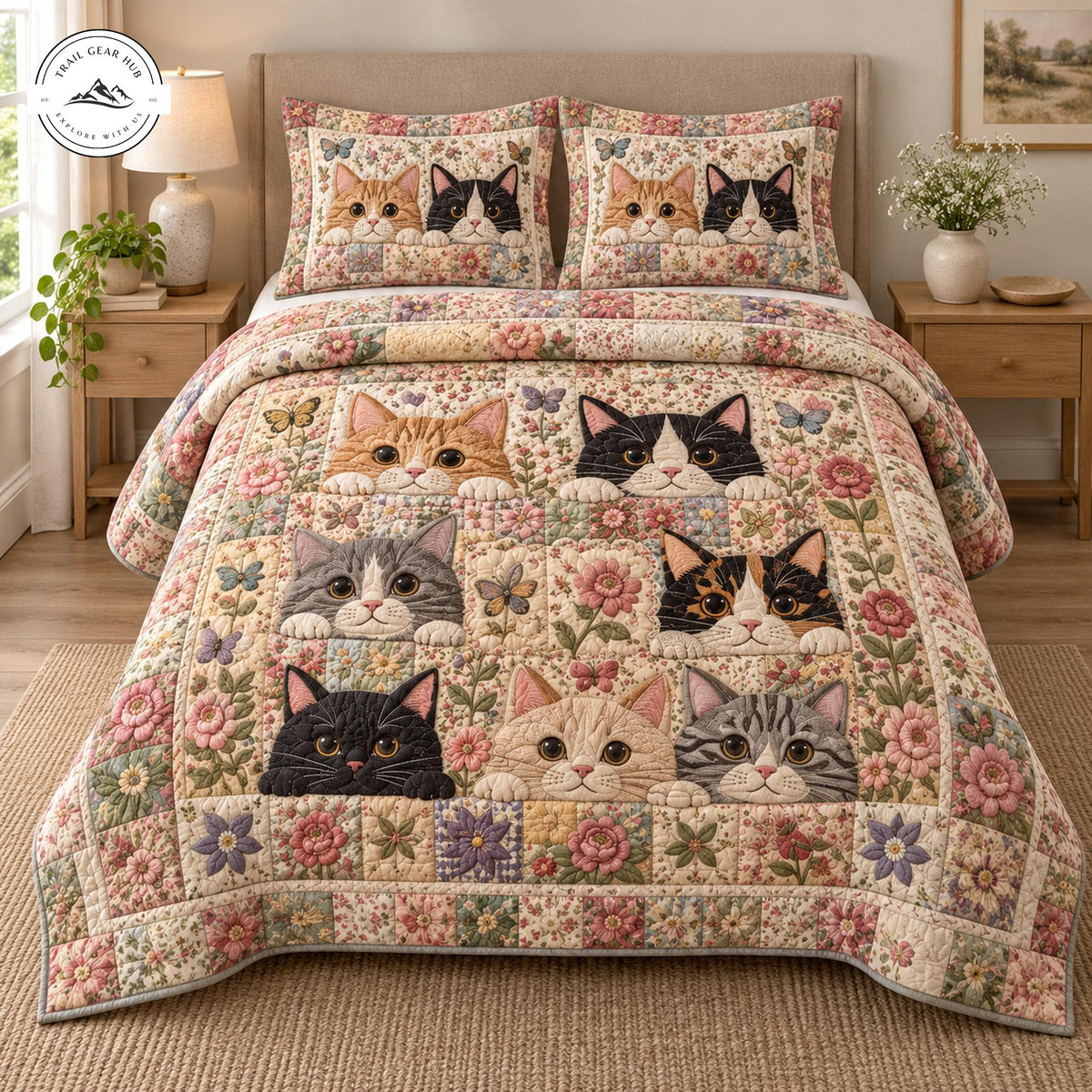 Floral Patchwork Cat Quilted Bedding Set TP121