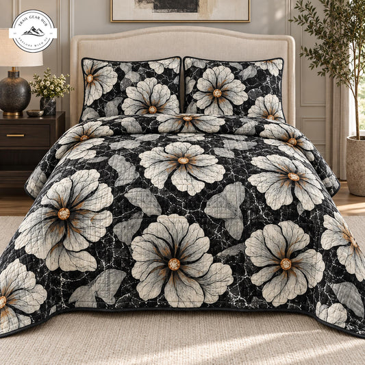 Black & Beige Flower Quilted Bedding Set TP122
