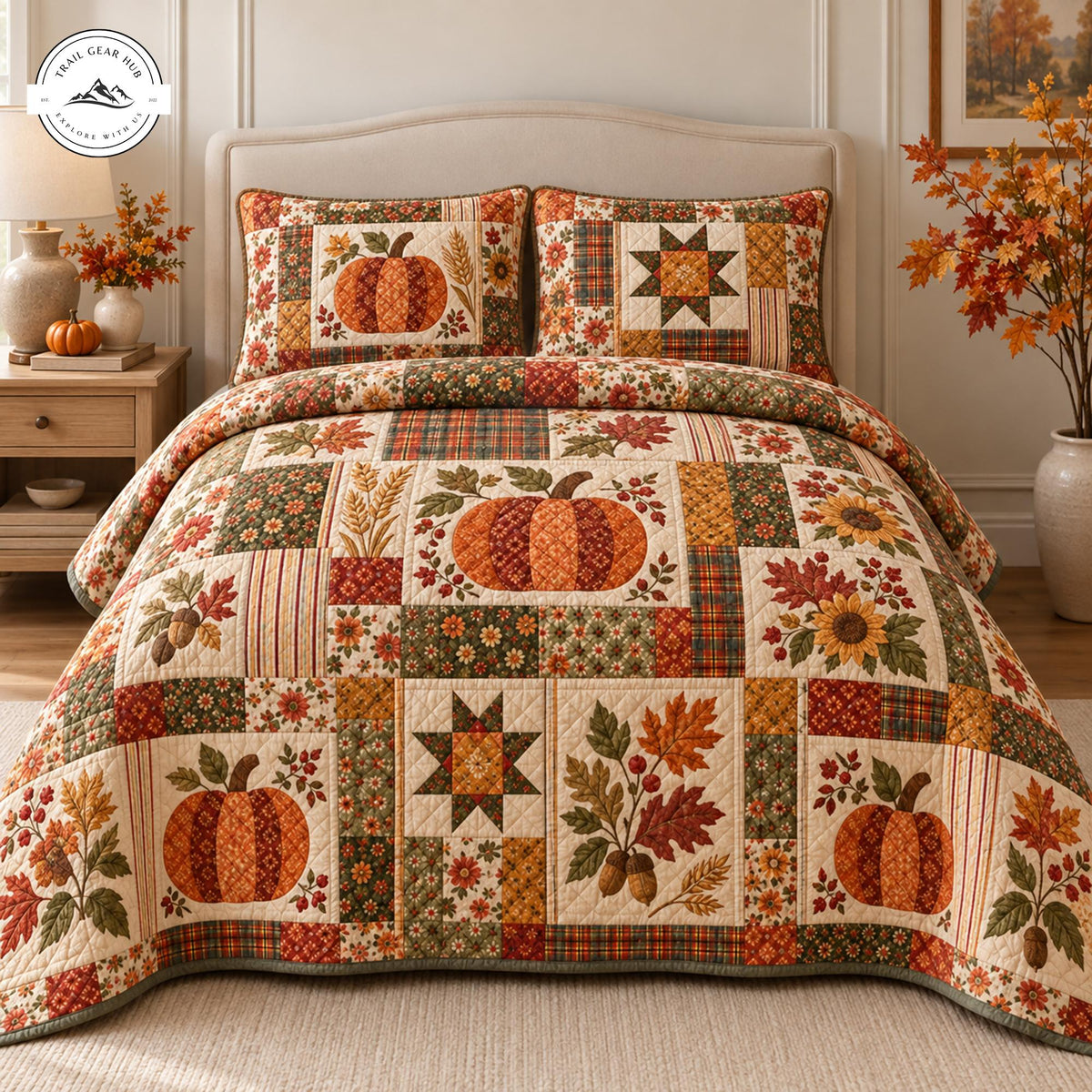 Fall Pumpkin & Floral Patchwork Quilted Bedding Set TP124