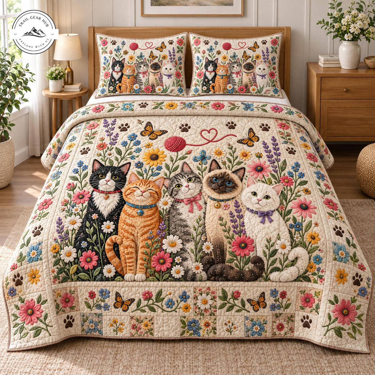 Floral Cat Patchwork Quilted Bedding Set TP143