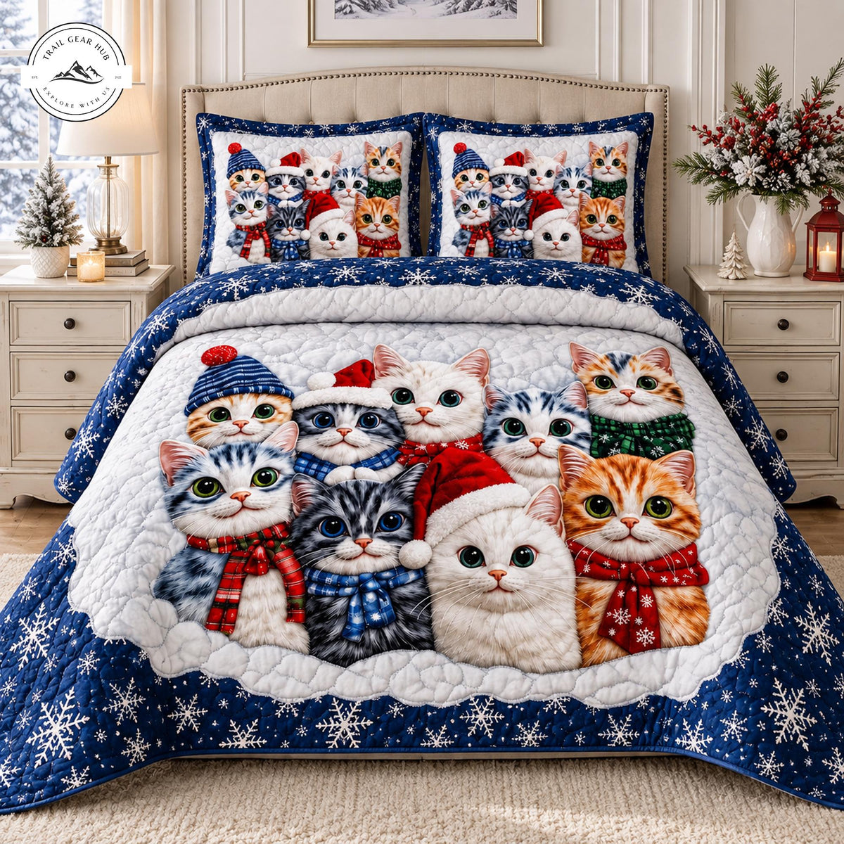 Festive Winter Kittens Quilted Bedding Set TP160