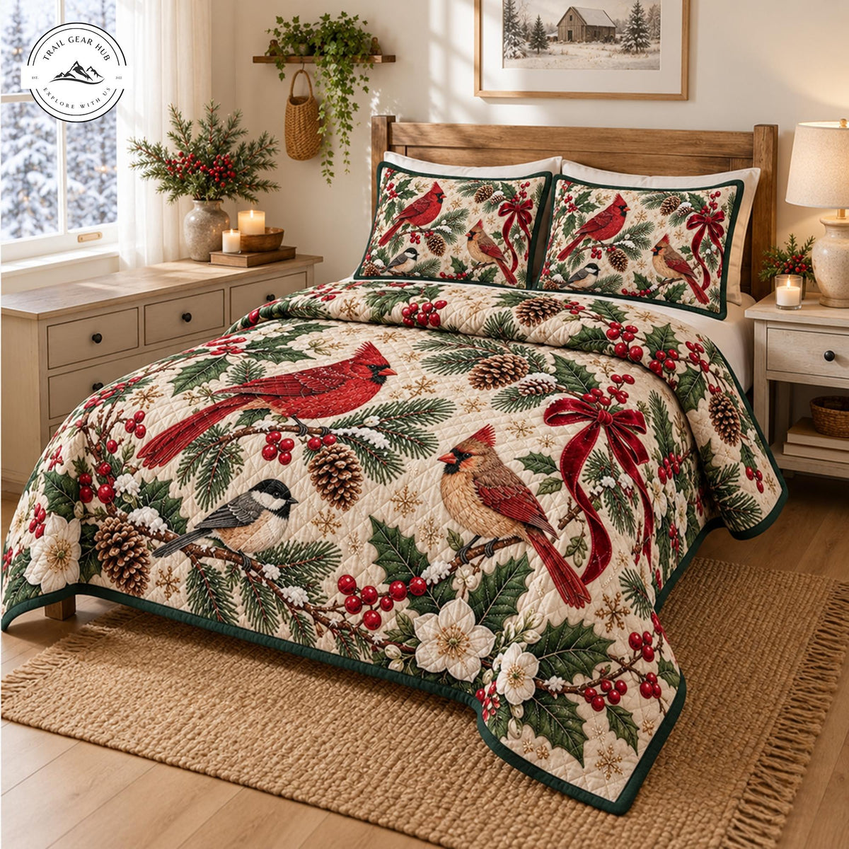 Red Cardinal Christmas Quilted Bedding Set TP161