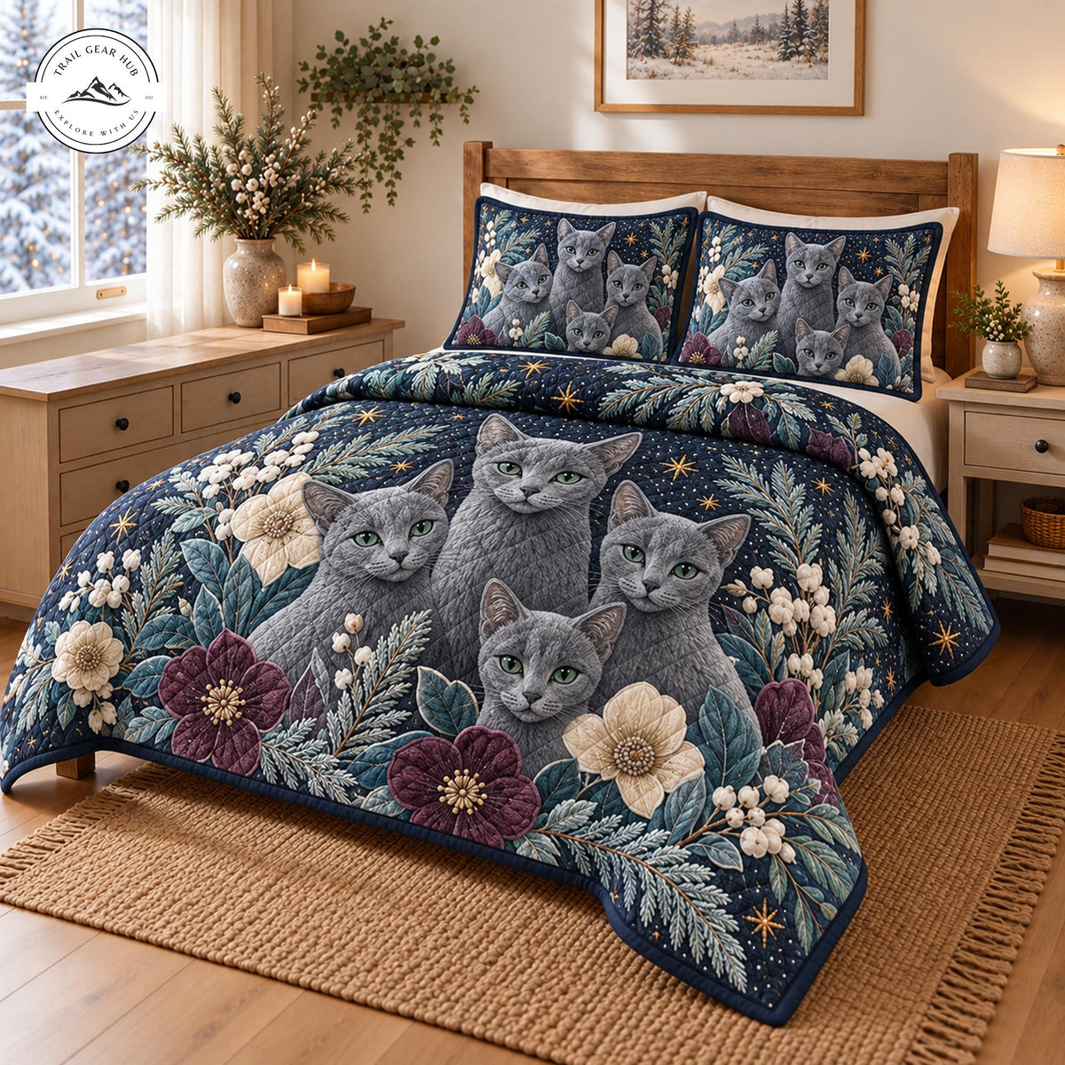 Vintage Botanical Cat Quilted Bedding Set TP167