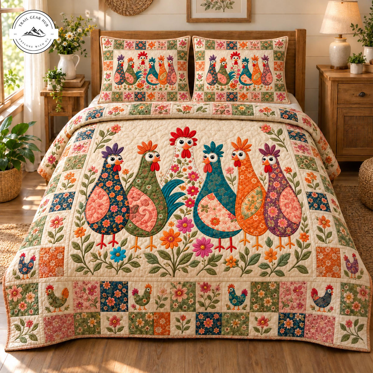 Country Rooster Floral Patchwork Quilted Bedding Set TP168