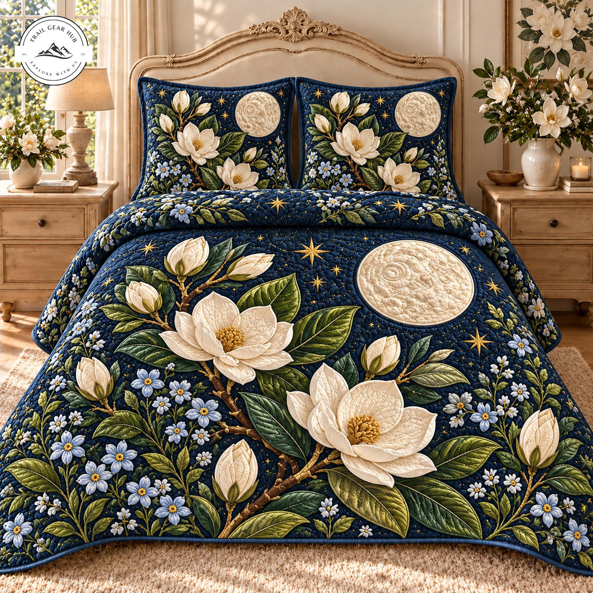 Navy Blue Floral Moonlit Garden Quilted Bedding Set TP169