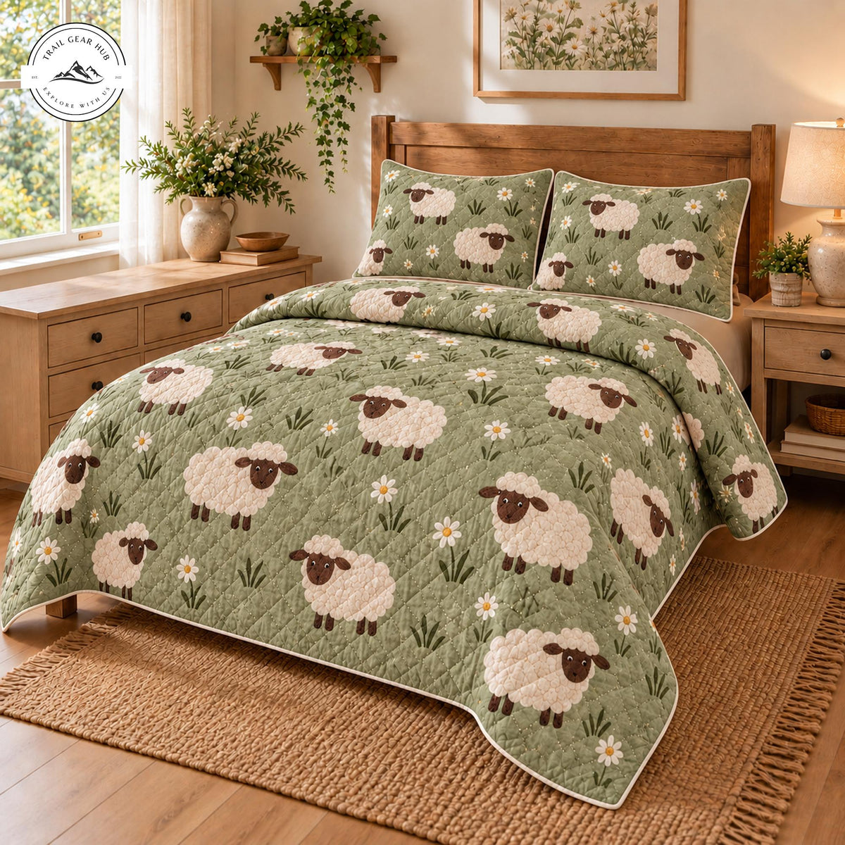 Sage Green Sheep Quilted Bedding Set TP184