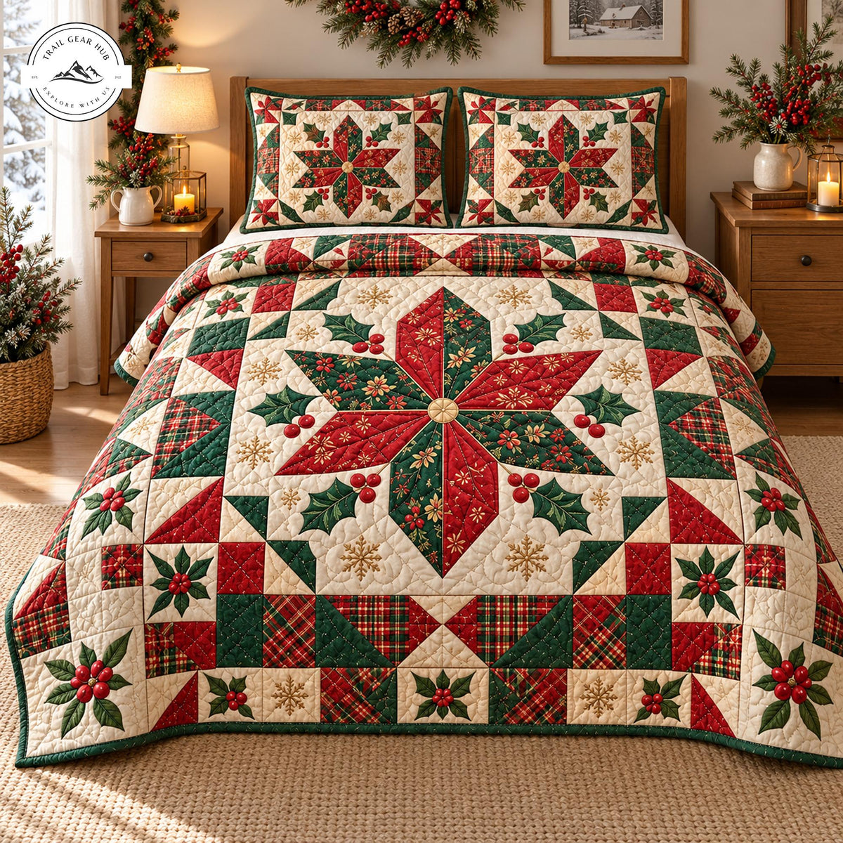 Vintage Christmas Poinsettia & Holly Quilted Bedding Set TP185