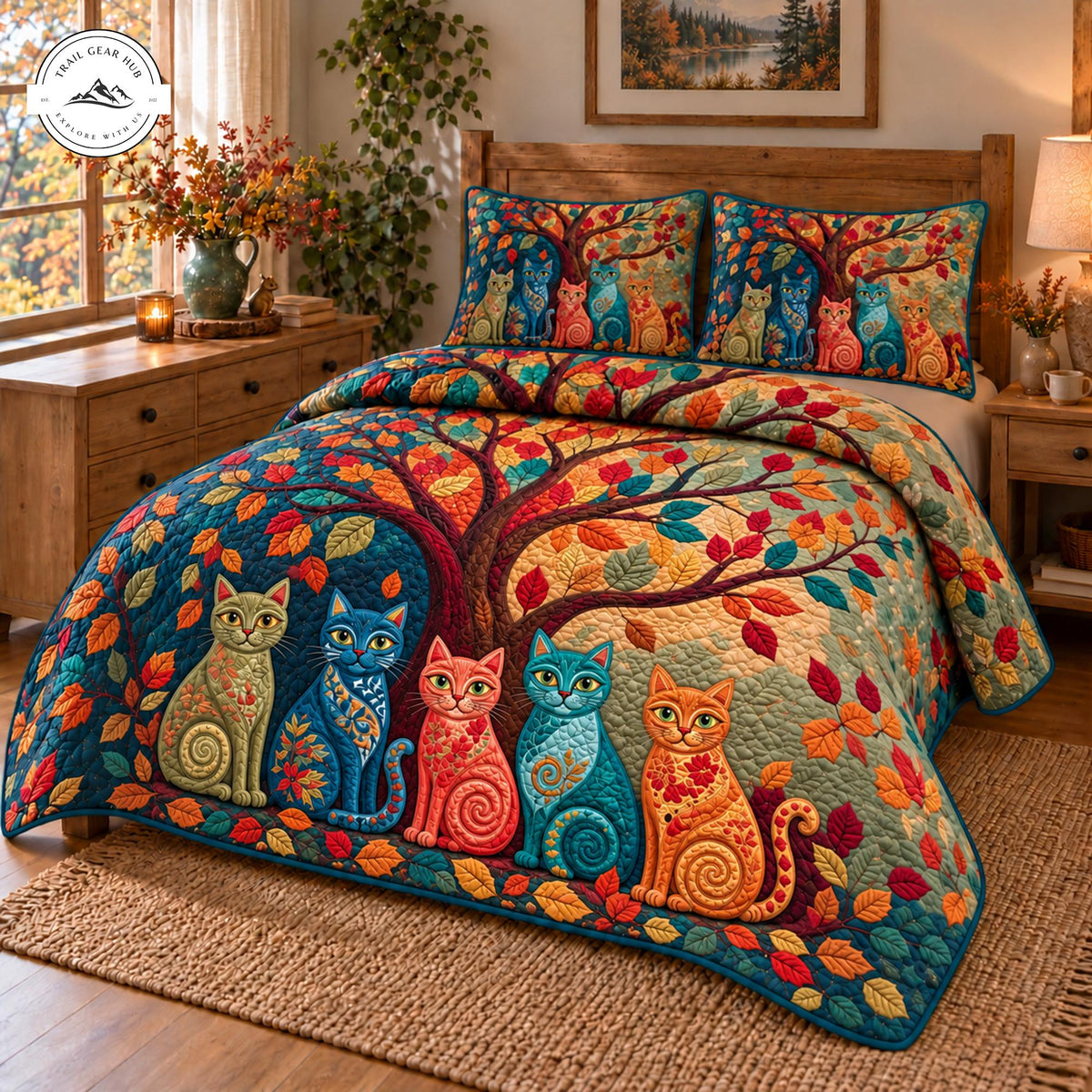 Autumn Tree and Cats Quilted Bedding Set TP195