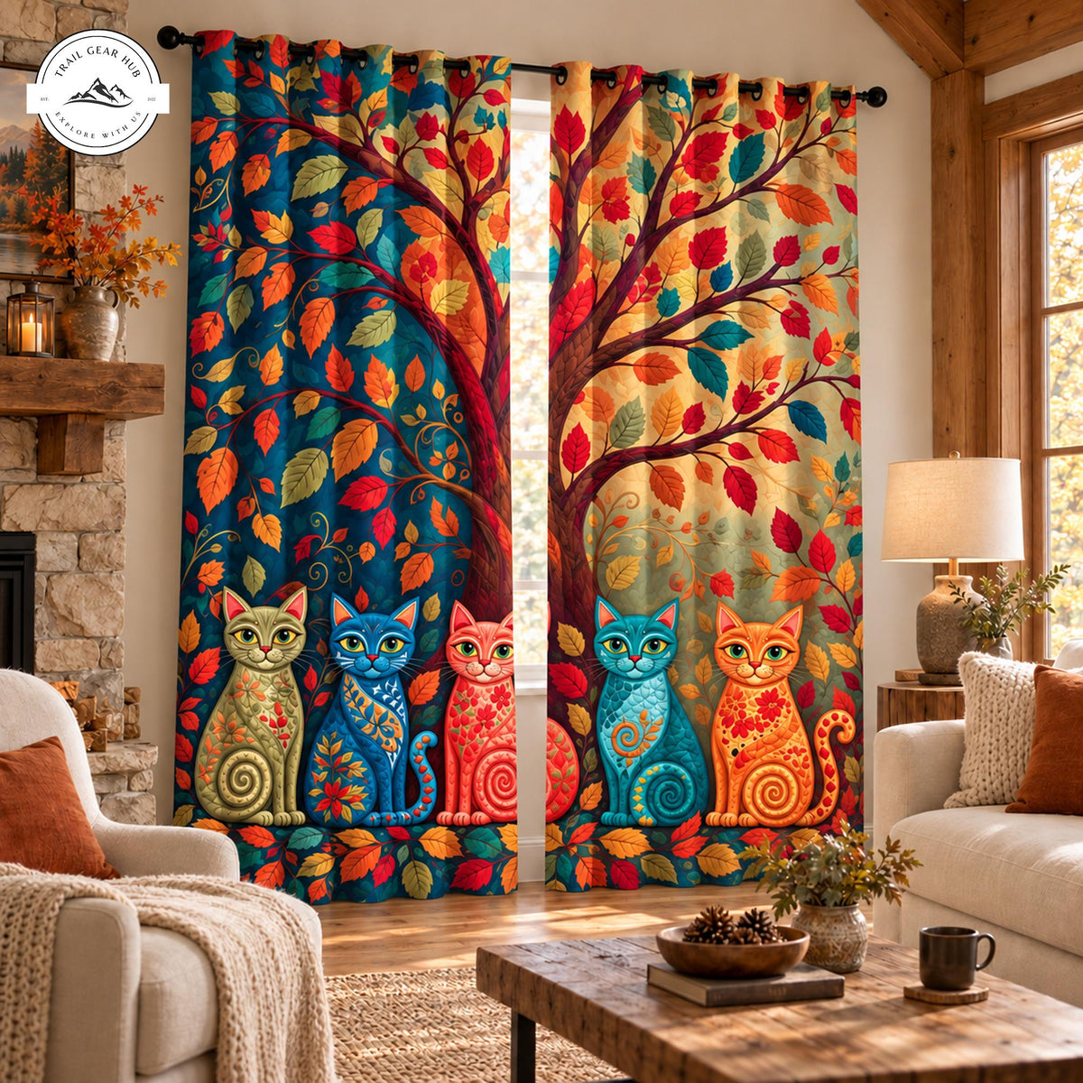 Autumn Tree and Cats Grommet Curtains TP195GRMCT
