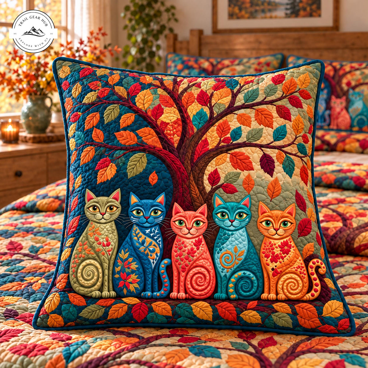 Autumn Tree and Cats Quilted Pillow Cover TP195QLTPLC