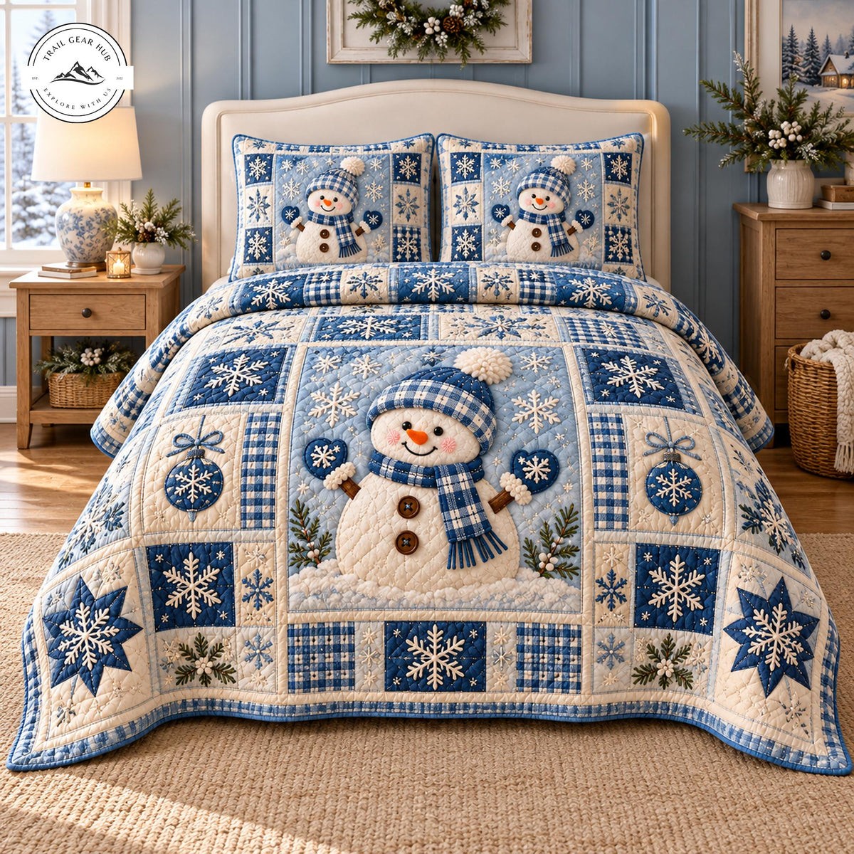 Festive Blue Snowman Quilted Bedding Set TP196