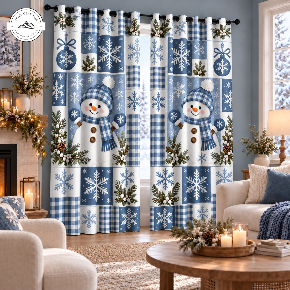 Festive Blue Snowman Grommet Curtains TP196GRMCT