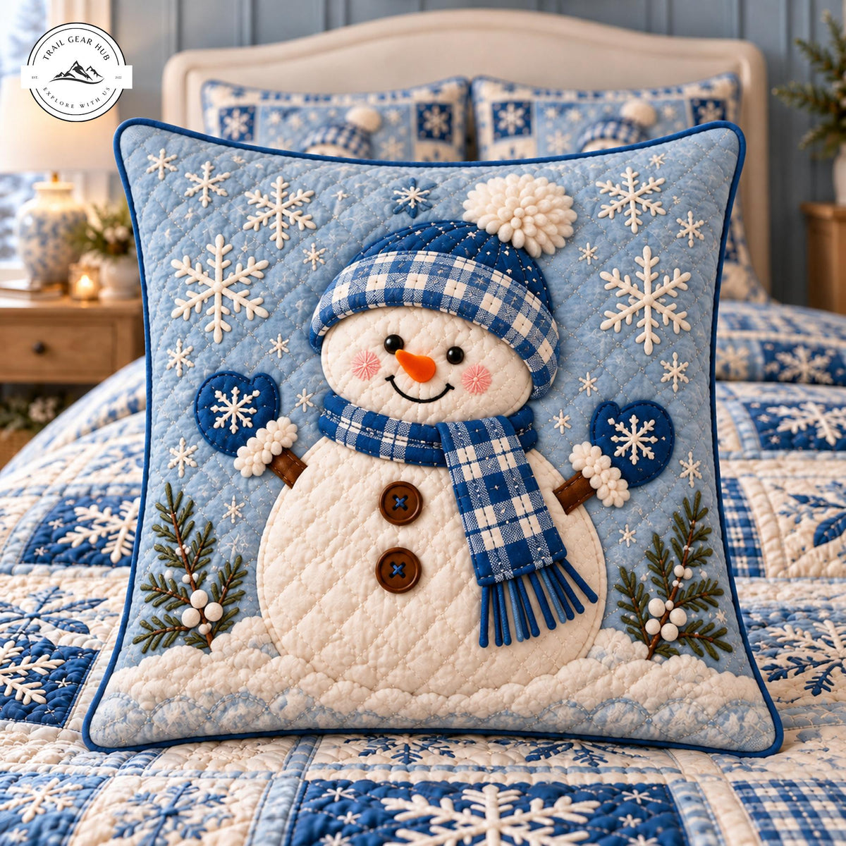Festive Blue Snowman Quilted Pillow Cover TP196QLTPLC