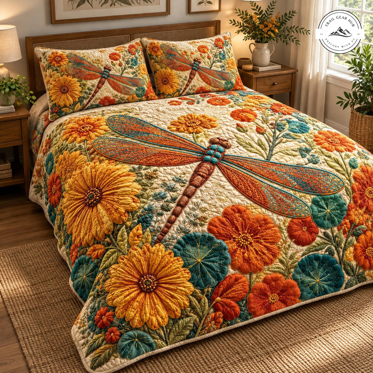 Sunflower and Dragonfly Quilted Bedding Set TP197