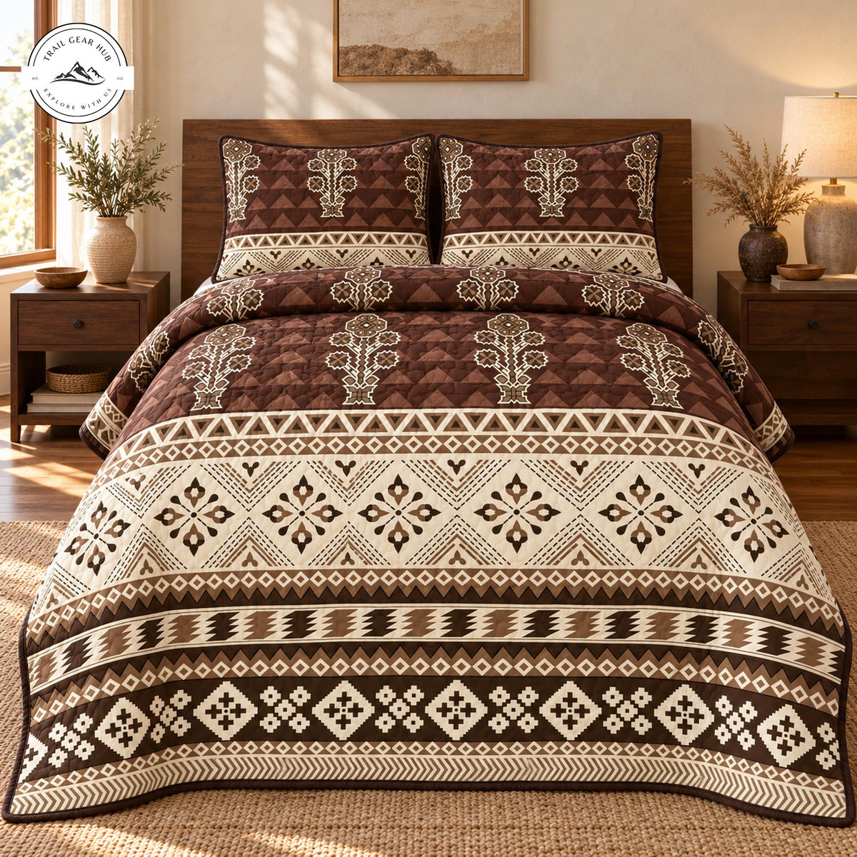 Rustic Geometric Brown Quilted Bedding Set TP208