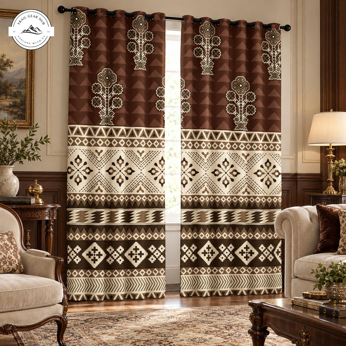 Rustic Geometric Brown  Grommet Curtains TP208GRMCT