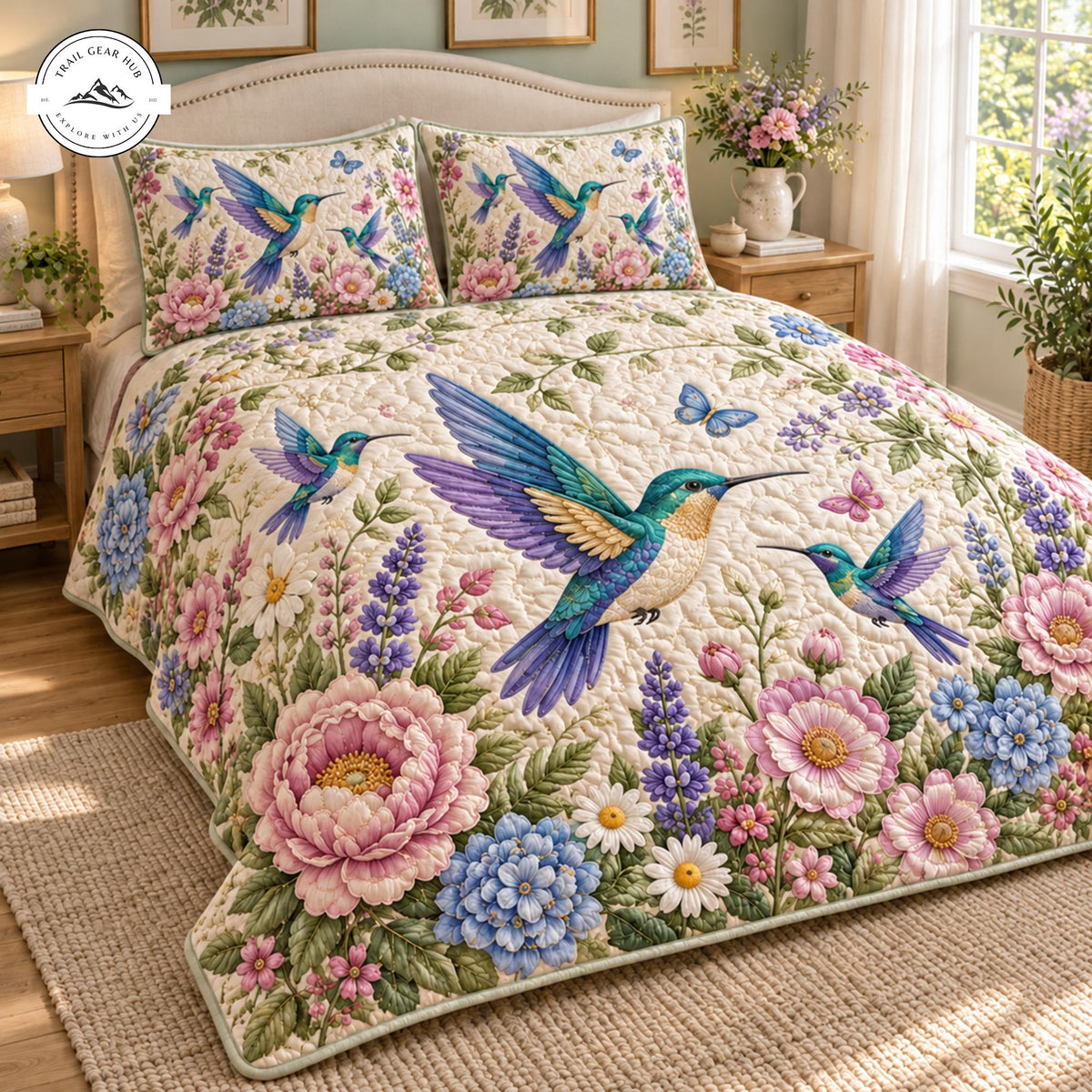 Vibrant Spring Hummingbirds Quilted Bedding Set TP209