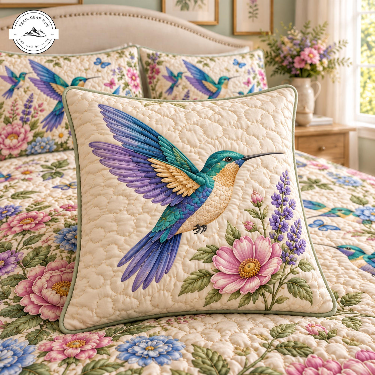 Vibrant Spring Hummingbirds Quilted Pillow Cover TP209QLTPLC