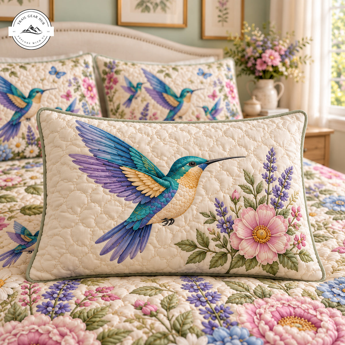 Vibrant Spring Hummingbirds Quilted Pillow Cover TP209QLTPLC