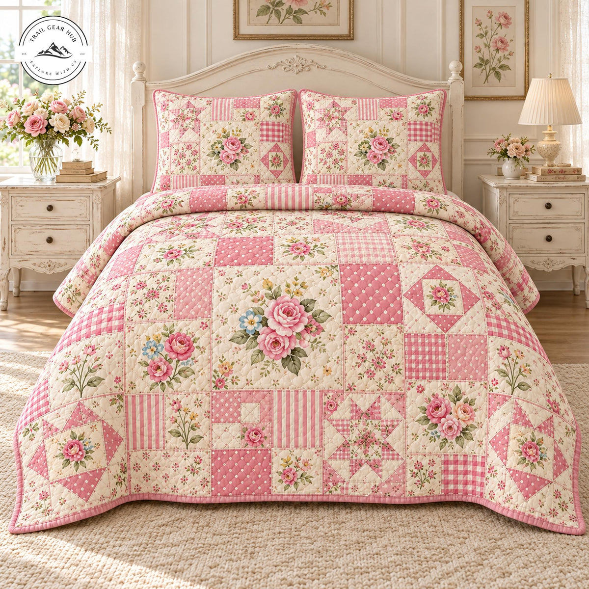 Vintage Rose Patchwork Quilted Bedding Set TP219