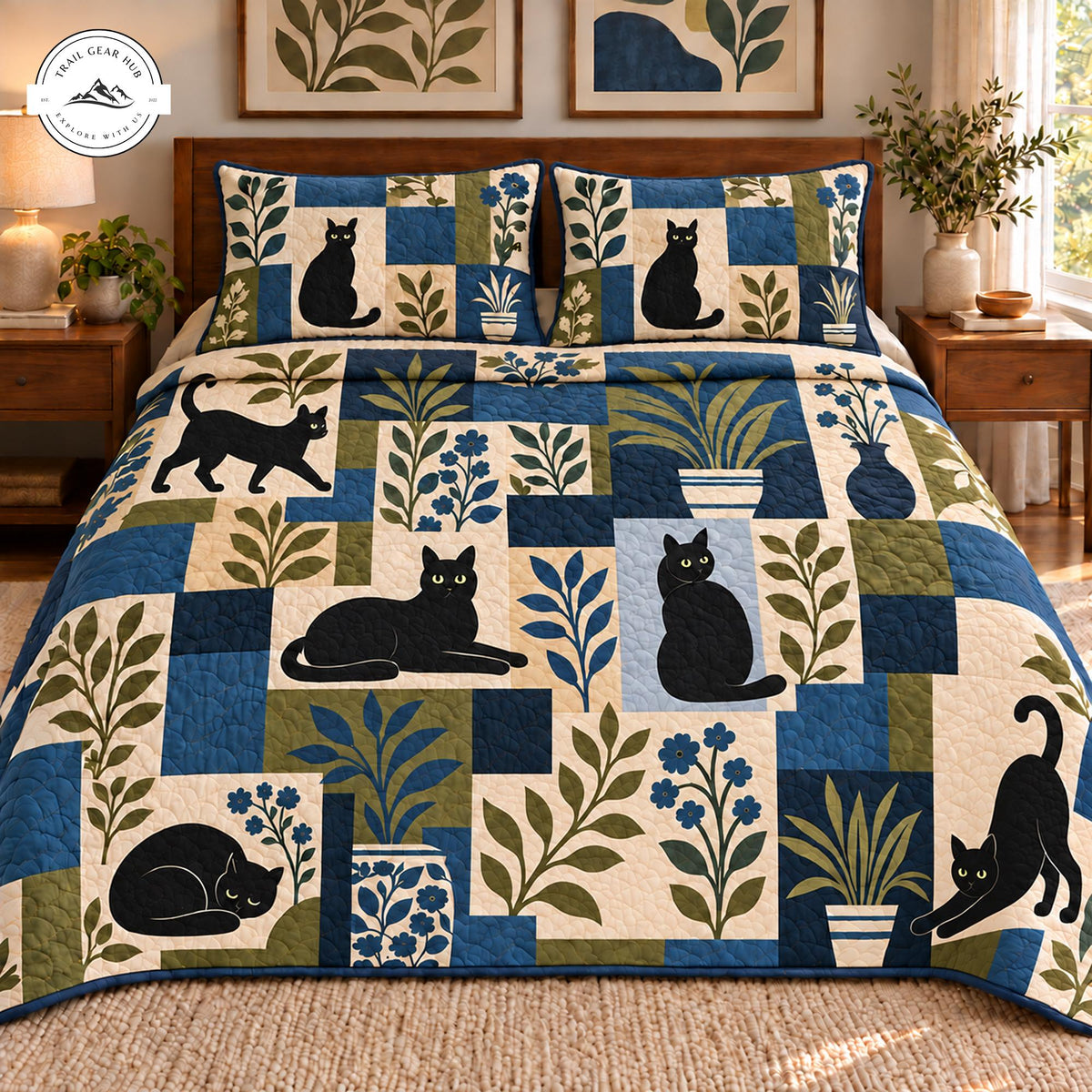 Cozy Black Cat and Botanical Patchwork Quilted Bedding Set TP221