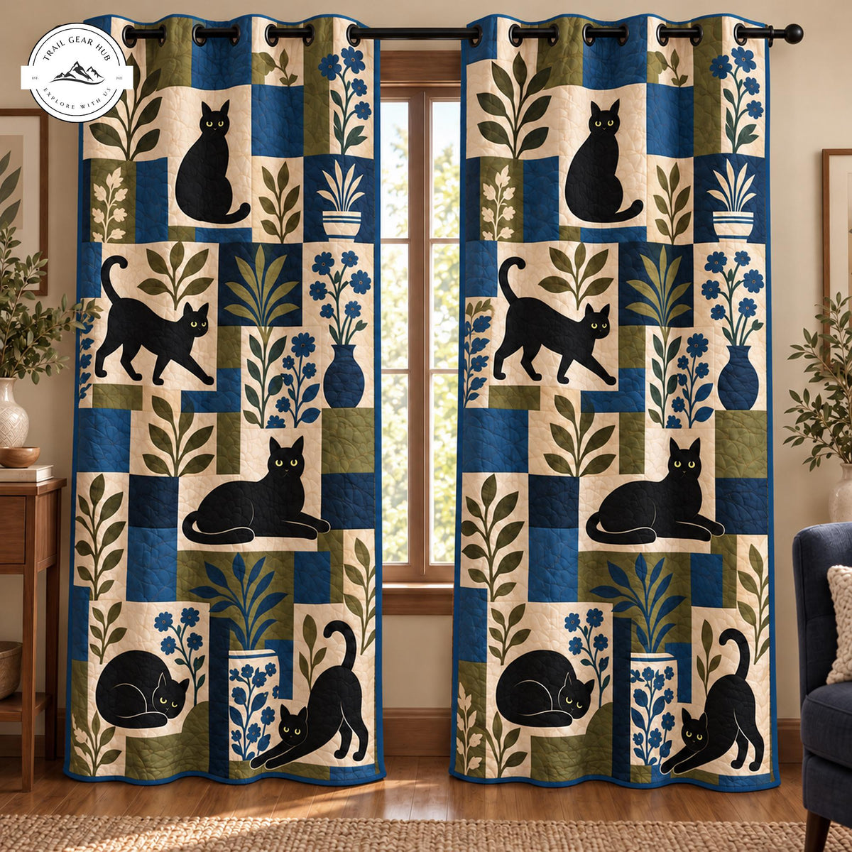 Cozy Black Cat and Botanical Patchwork Quilted Curtains TP0221QLTCT