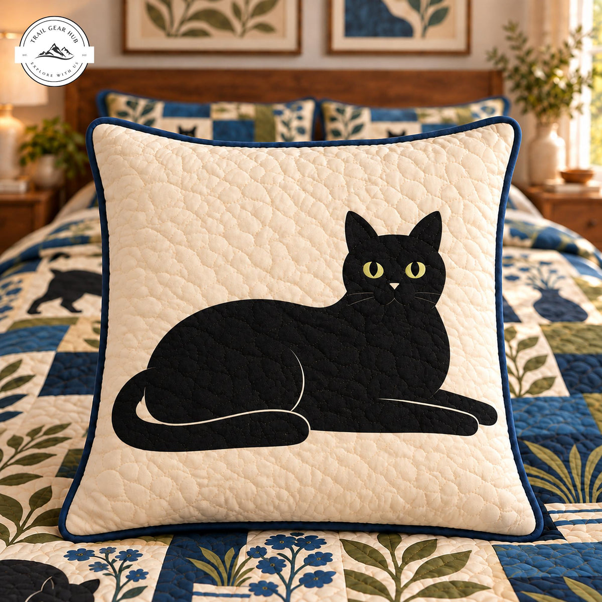 Cozy Black Cat and Botanical Patchwork Quilted Pillow Cover TP221QLTPLC