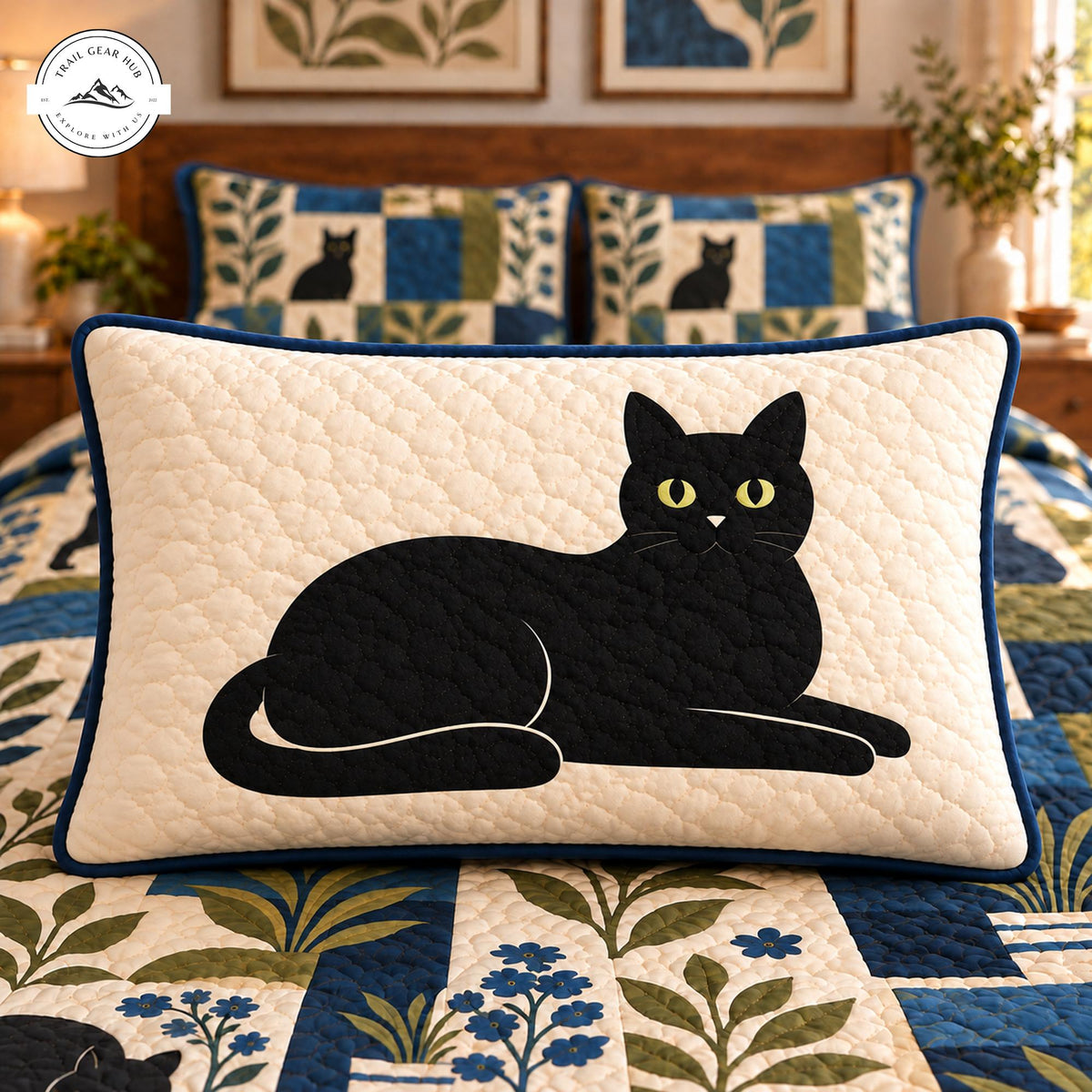 Cozy Black Cat and Botanical Patchwork Quilted Pillow Cover TP221QLTPLC