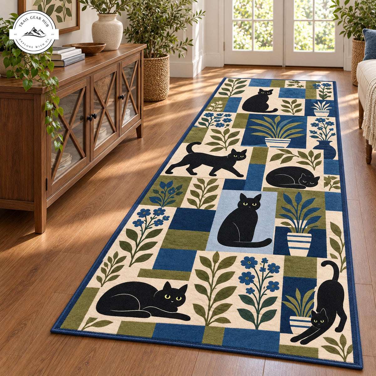 Cozy Black Cat and Botanical Patchwork Plush Runner Rug TP221RUGHN117