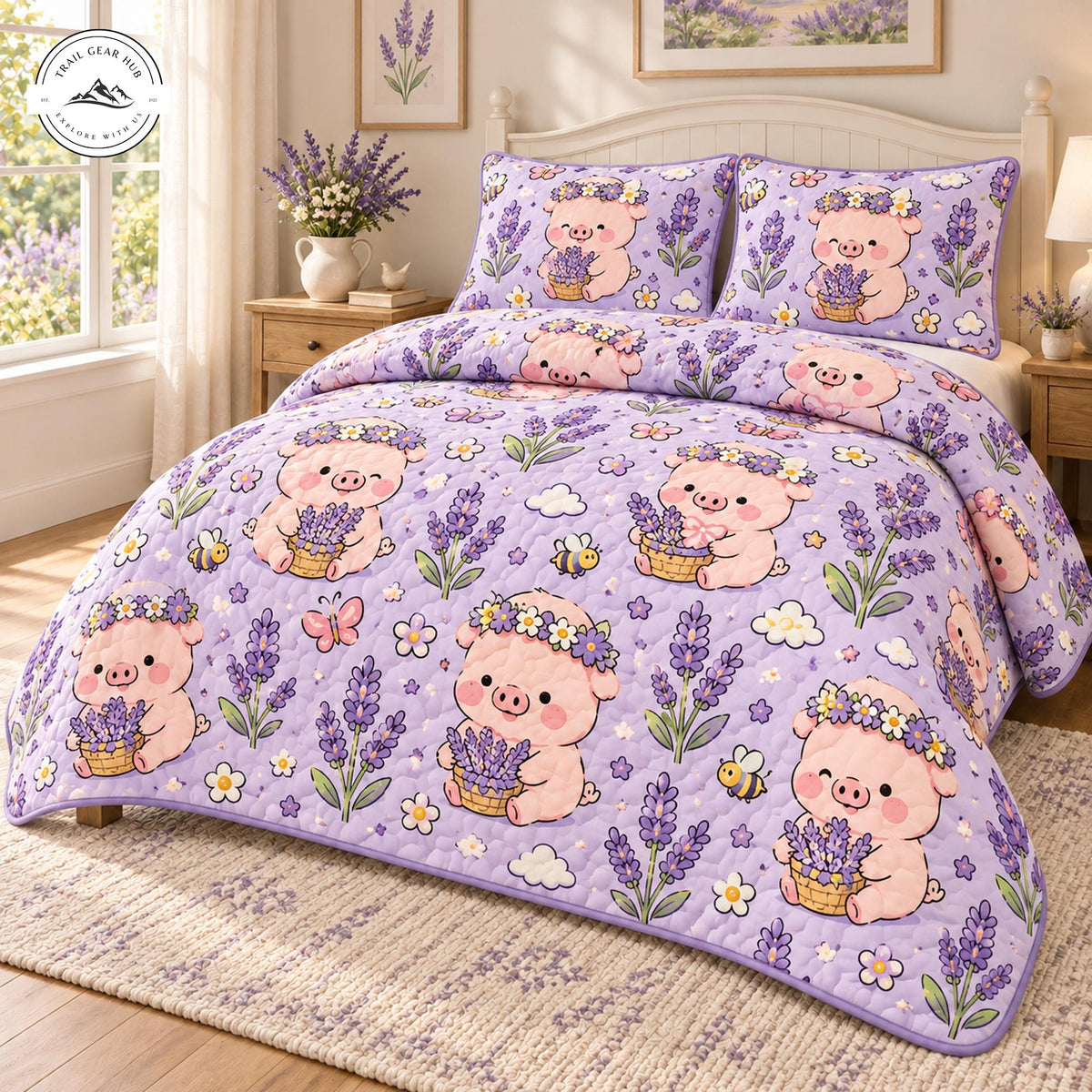 Cute Cartoon Pig & Lavender Floral Quilted Bedding Set TP234