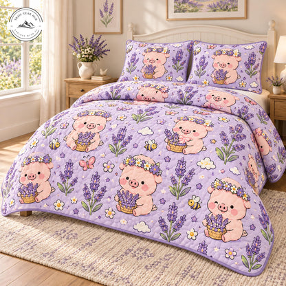 Cute Cartoon Pig & Lavender Floral Quilted Bedding Set TP234