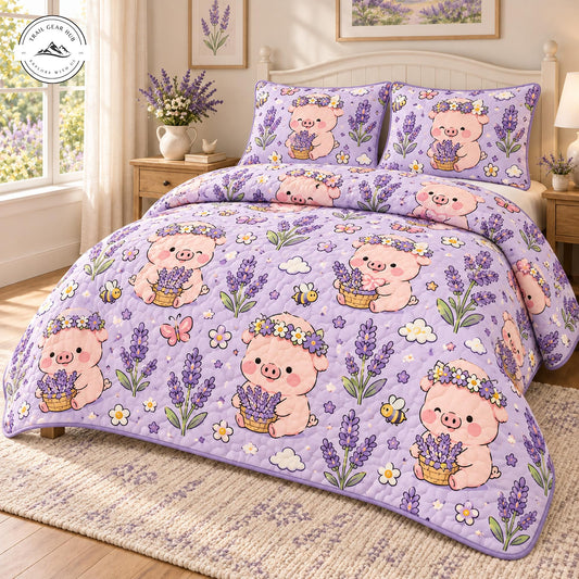 Cute Cartoon Pig & Lavender Floral Quilted Bedding Set TP234
