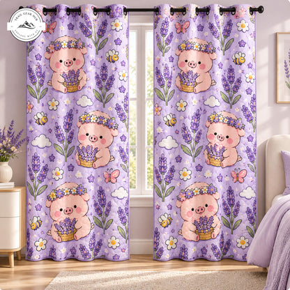 Cute Cartoon Pig & Lavender Floral Quilted Curtains TP234QLTCT
