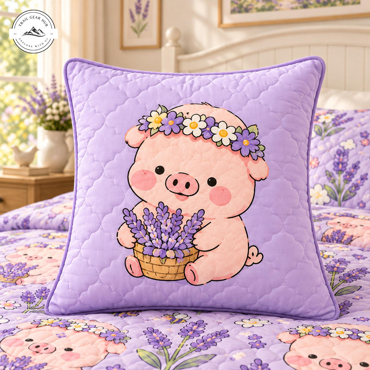 Cute Cartoon Pig & Lavender Floral Quilted Pillow Cover TP234QLTPLC