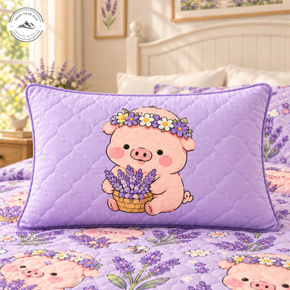 Cute Cartoon Pig & Lavender Floral Quilted Pillow Cover TP234QLTPLC
