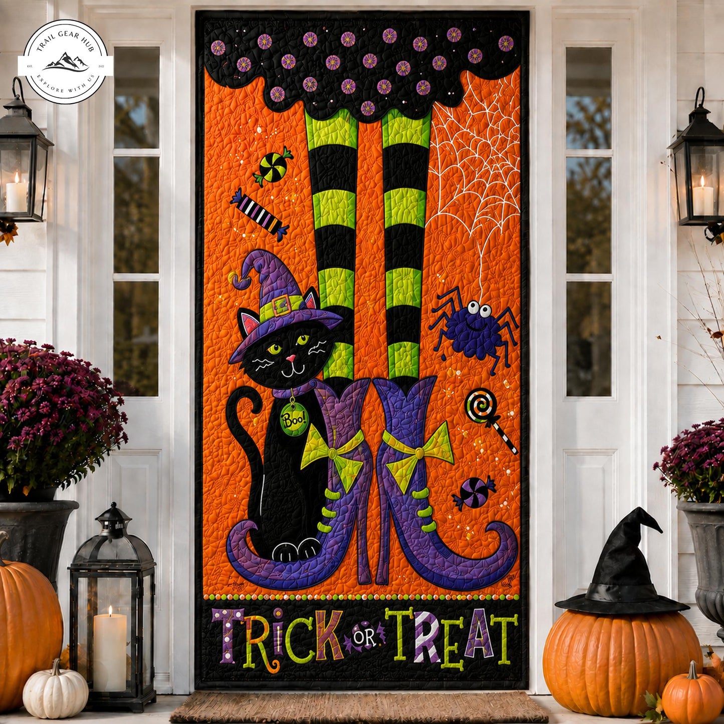 Halloween Black Cat & Witch Legs Quilted Door Cover TP02