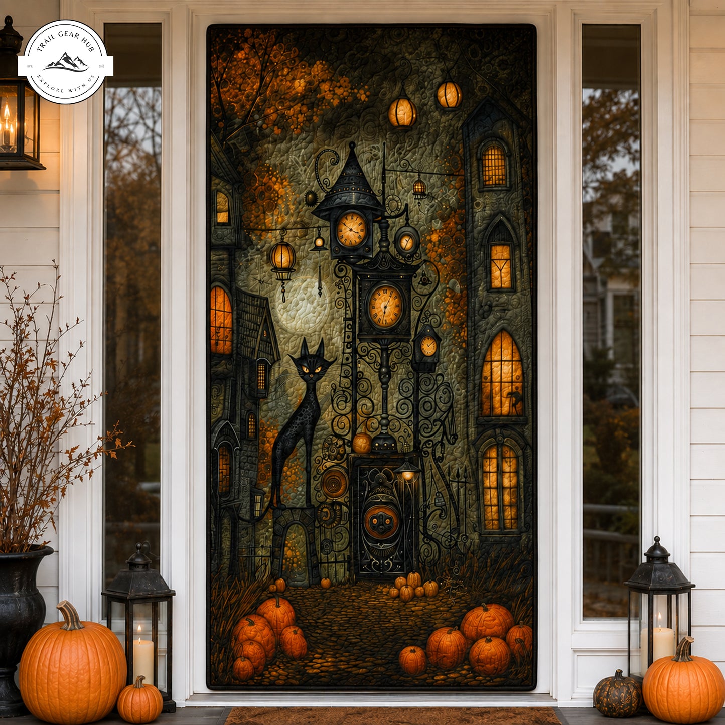 Gothic Halloween Haunted Clock Cat Quilted Door Cover TP03