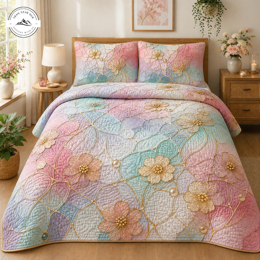 Cozy Pastel Floral Quilted Duvet Cover Set TP04