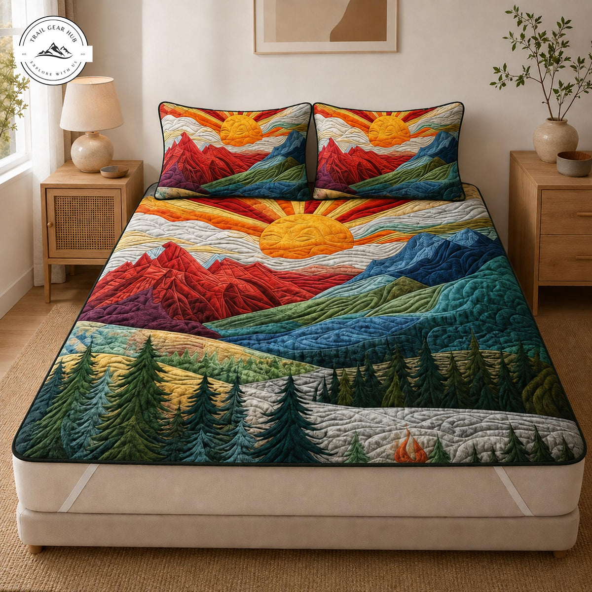 Boho Mountain & Sunrise Quilted Mattress Cover Set TP04