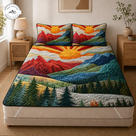 Boho Mountain & Sunrise Quilted Mattress Cover Set TP04