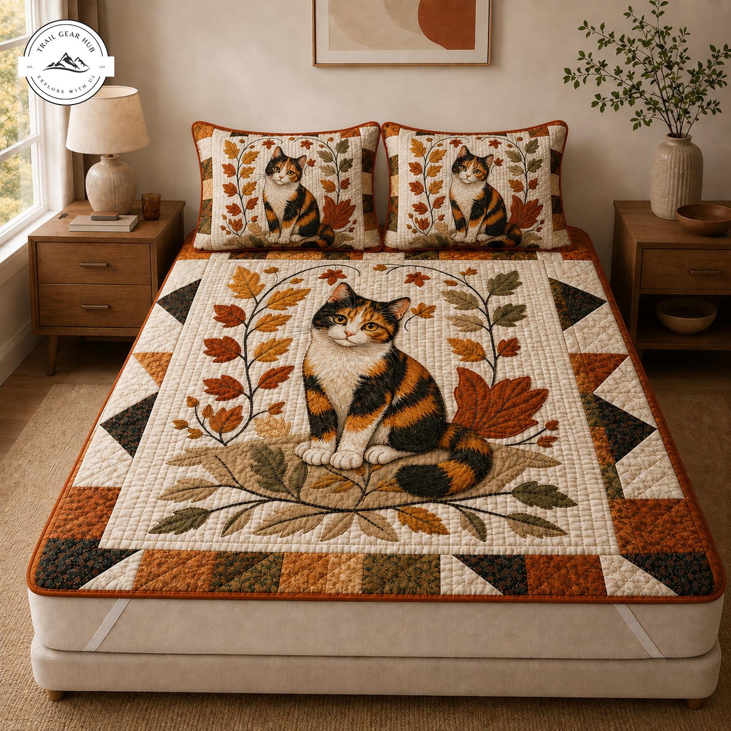 Autumn Calico Cat Quilted Mattress Cover Set TP06