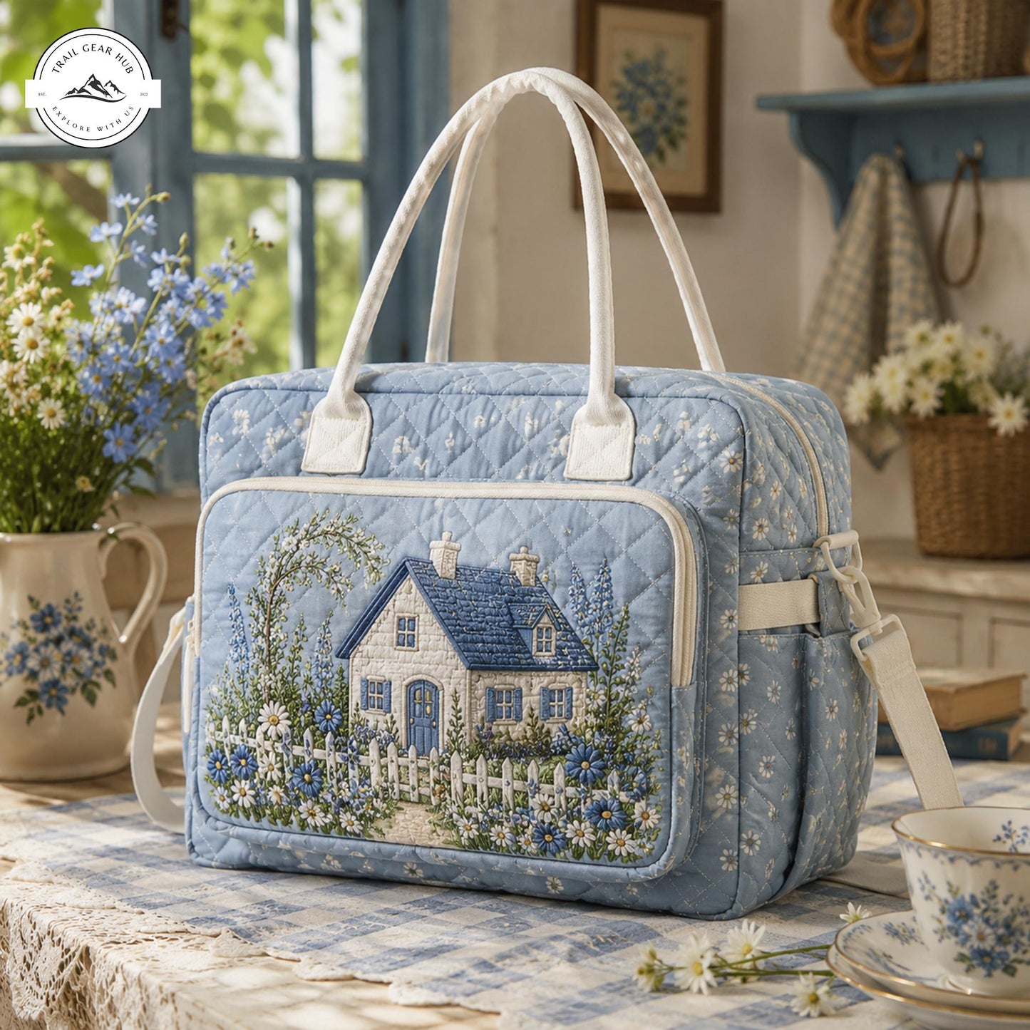 Pastel Blue Cottage House Quilted Puffy Tote TP02