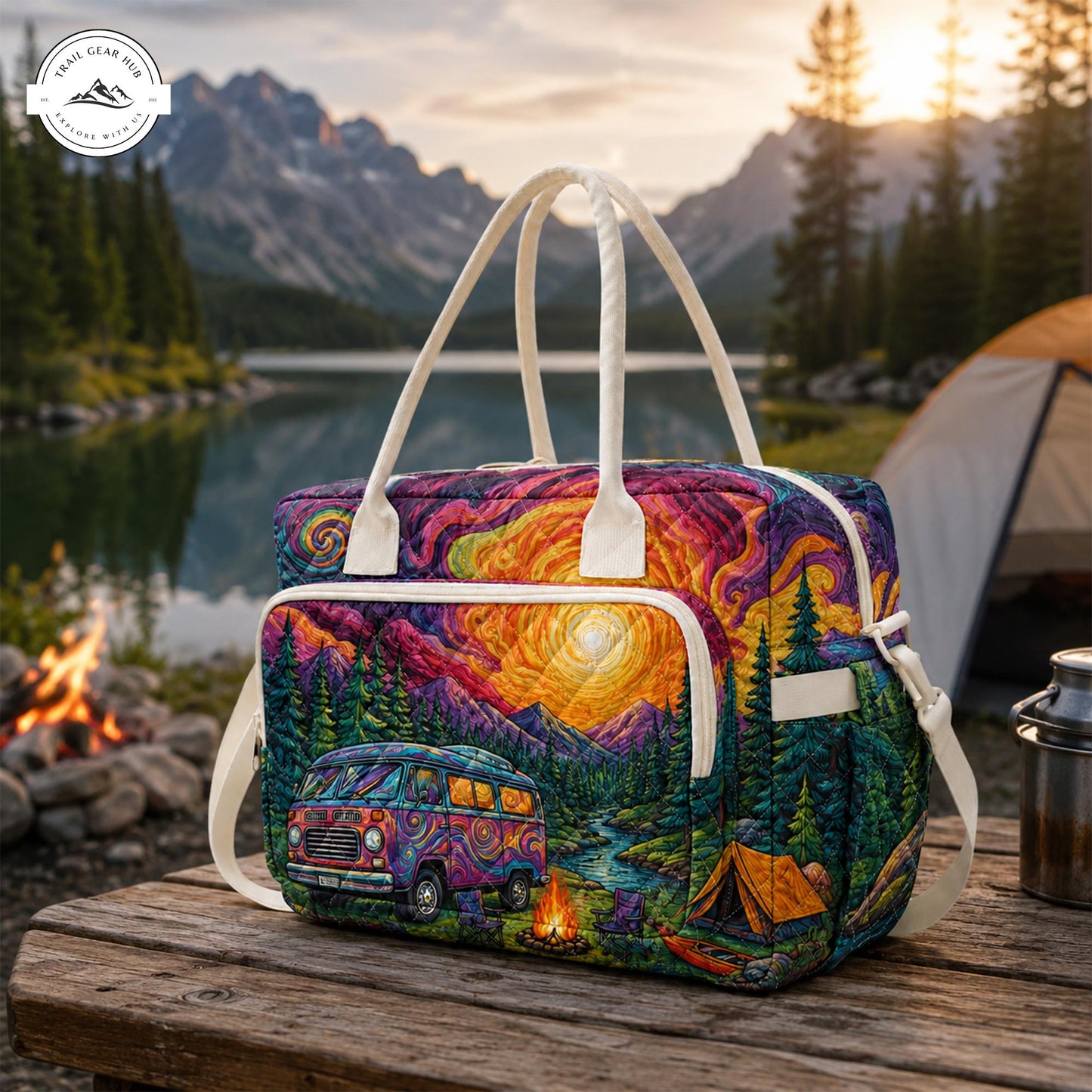 Vibrant Camping Scene Quilted Puffy Tote TP03