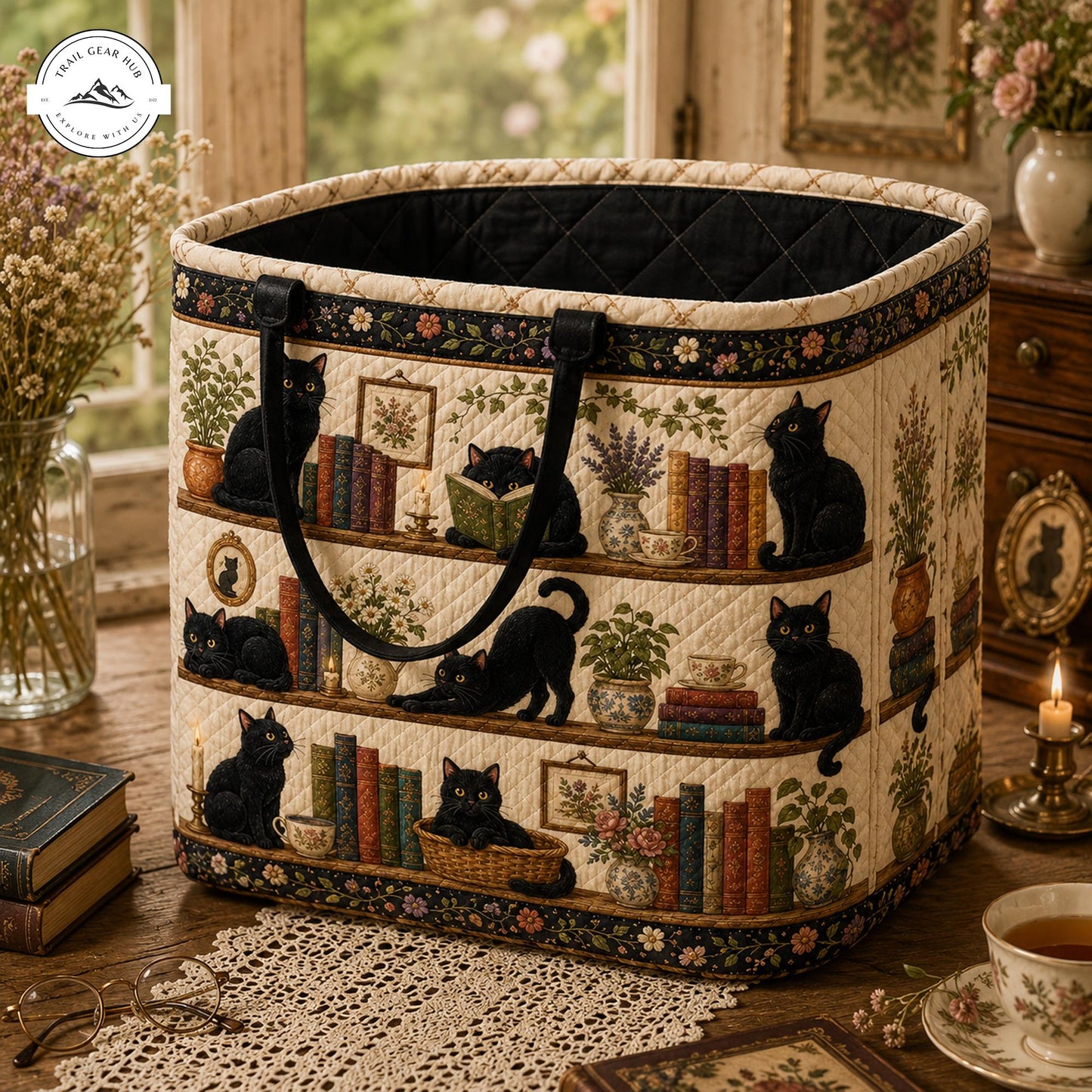 Black Cat and Bookshelf Quilted Storage Basket TP45