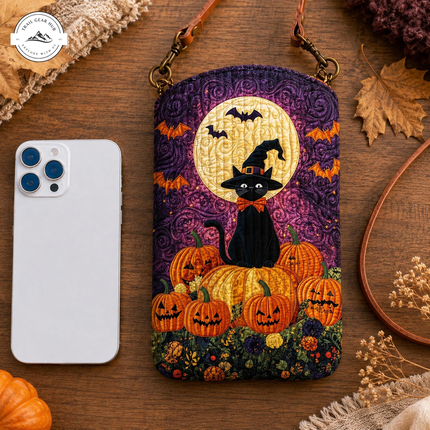 Witch Cat & Pumpkin Quilted Slim Phone Crossbody Bag TP30