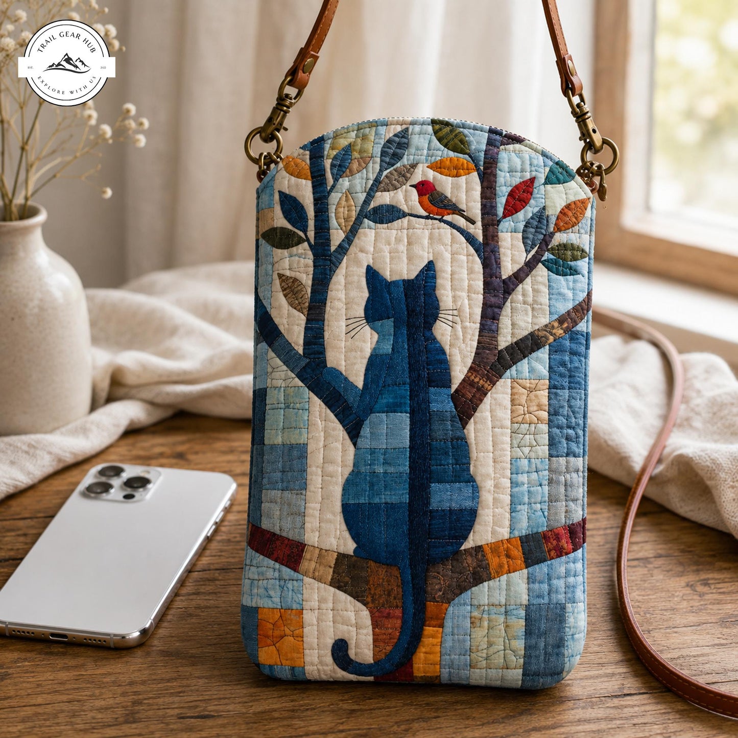 Cat & Bird Tree Art Print Quilted Slim Phone Crossbody Bag TP32