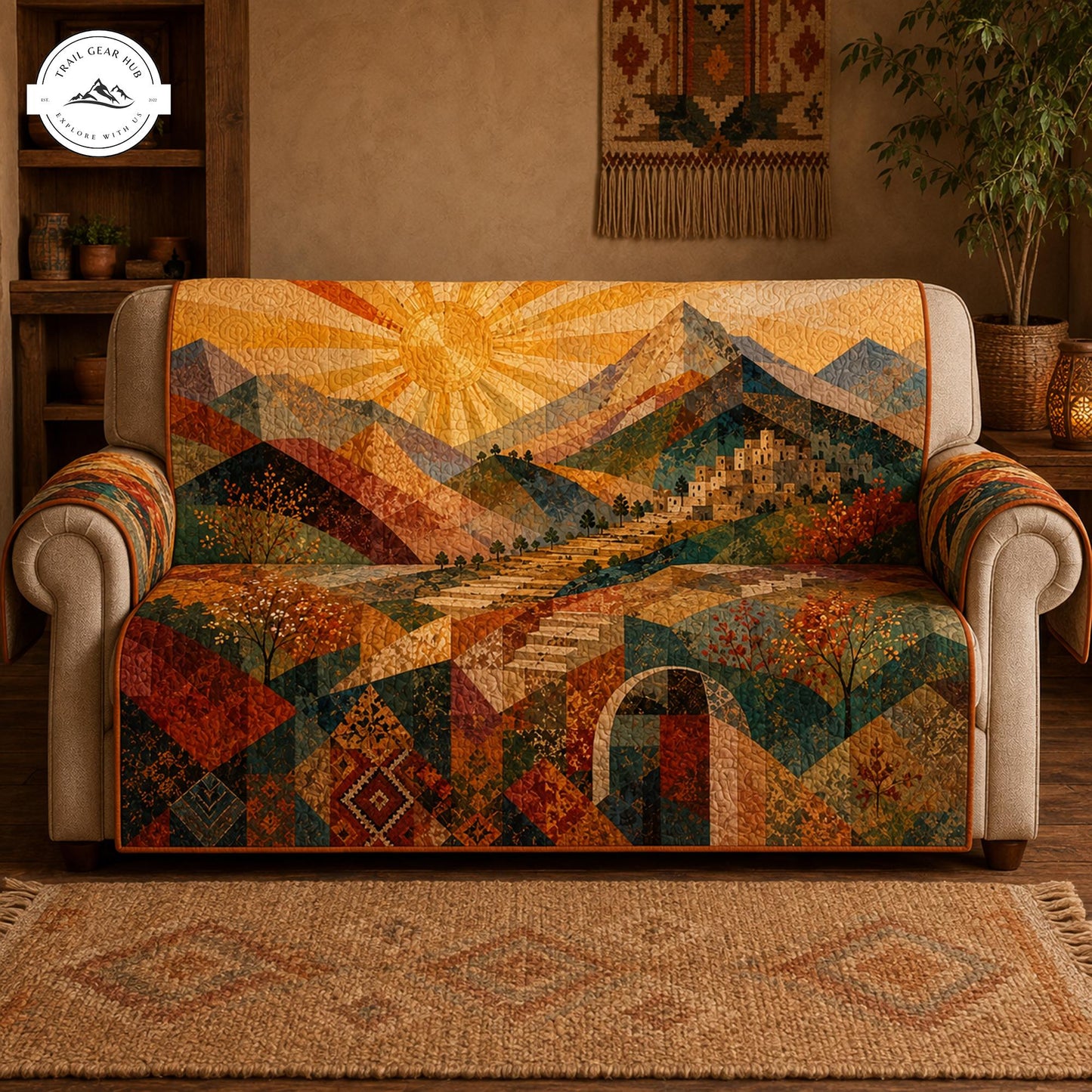 Boho Sun & Mountain Landscape Quilted Seat Sofa TP08